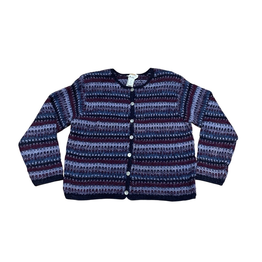 Talbots Petites Medium Hand Knit Striped Cardigan Sweater Purple Blue Wool Blend